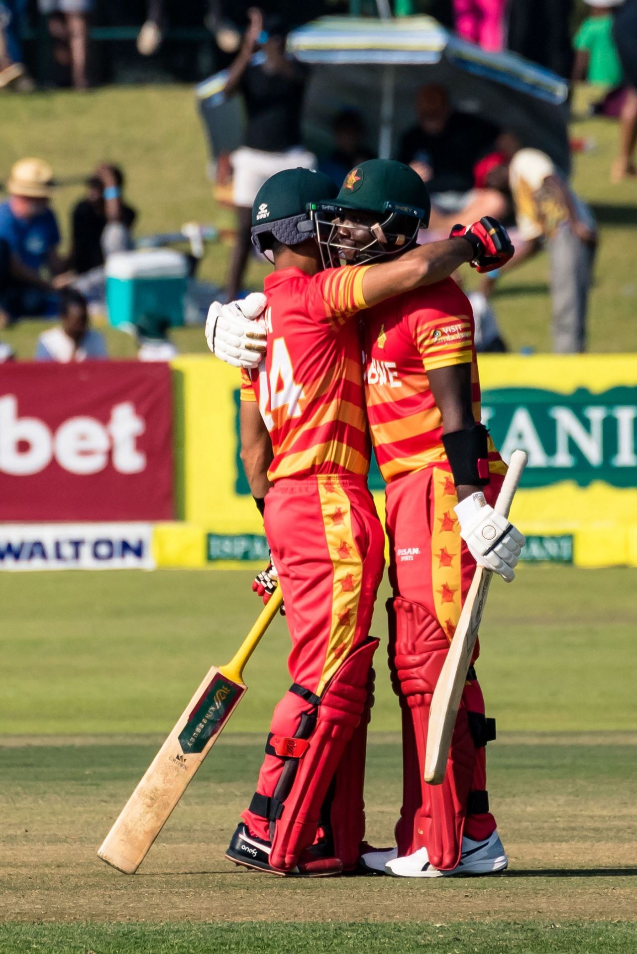 Innocent Kaia and Sikandar Raza during their record partnership, Zimbabwe vs Bangladesh, 1st ODI, Harare, August 5, 2022