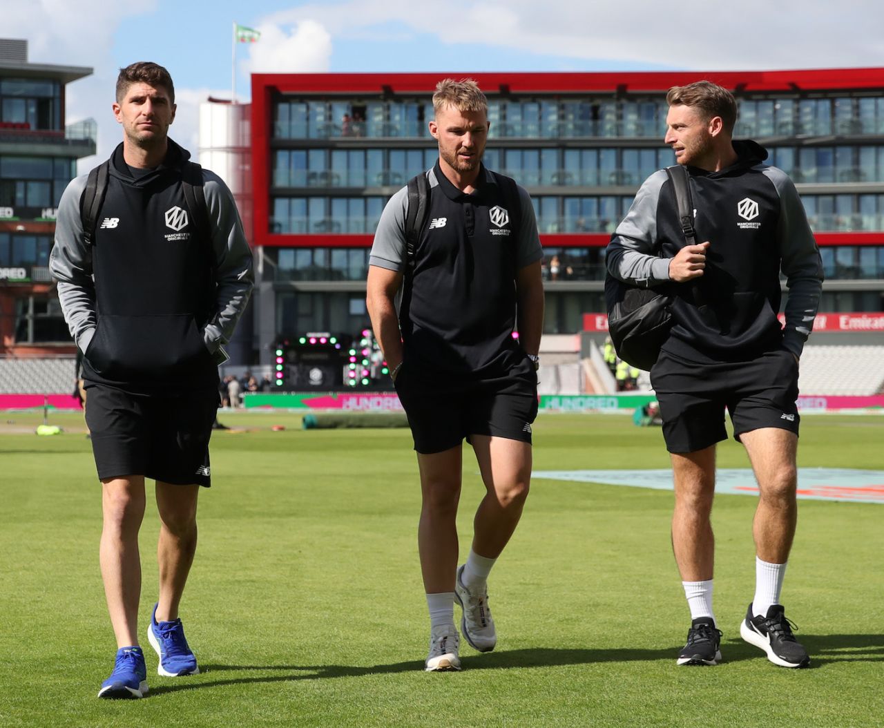 [L to R] Colin Ackermann, Laurie Evans and Jos Buttler of Manchester Originals arrive at the ground, Manchester Originals Men vs Northern Superchargers, Men's Hundred, Manchester, August 5, 2022
