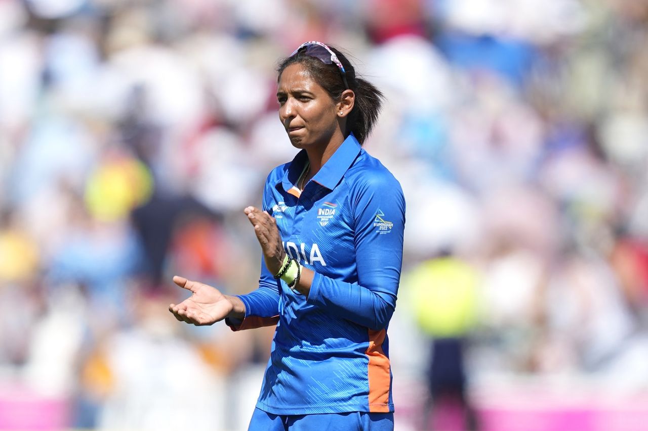 Harmanpreet Kaur applauds during a tight final over delivered by Sneh Rana, England vs India, 1st semi-final, Commonwealth Games, Birmingham, August 6, 2022