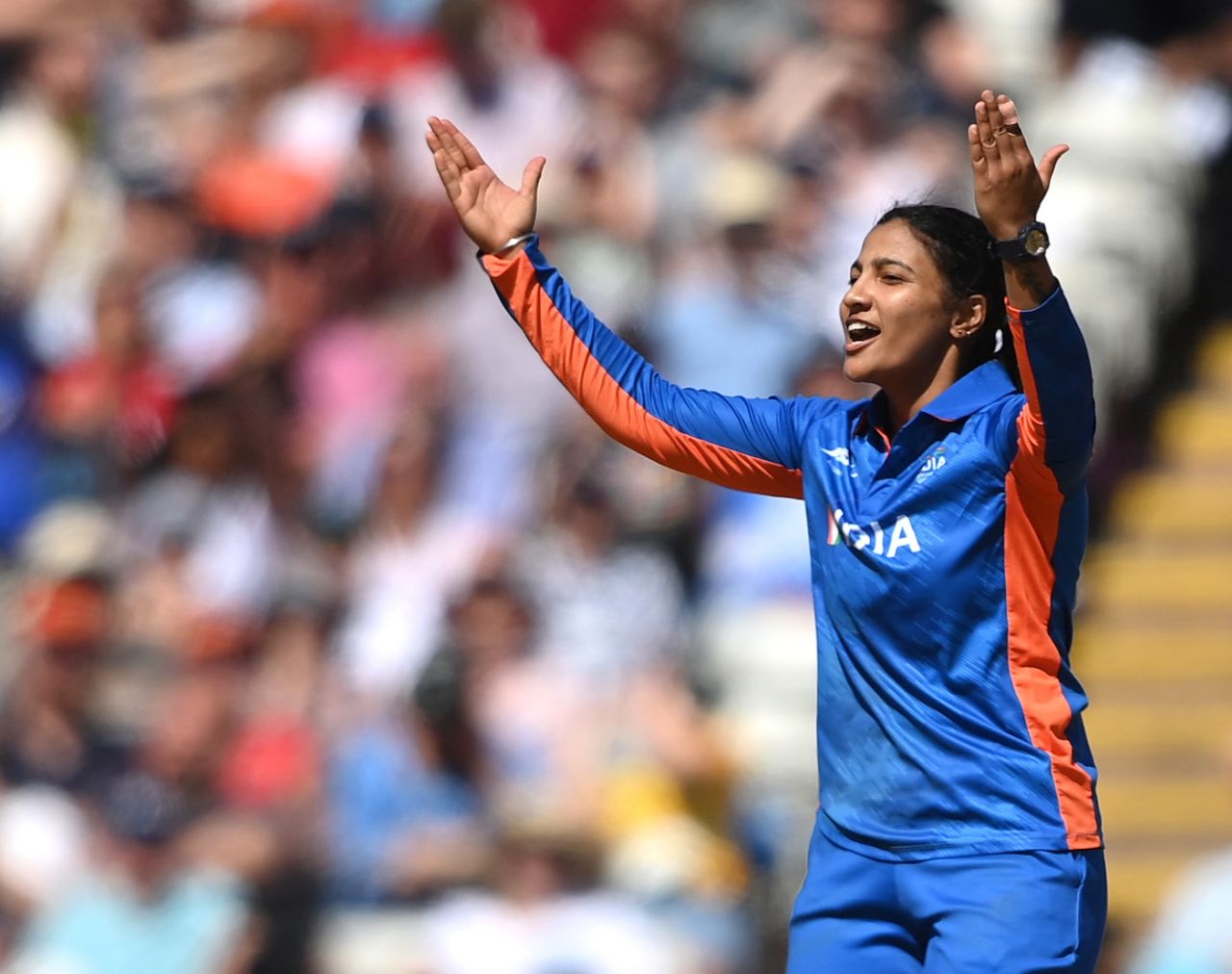 Sneh Rana celebrates after sending back Katherine Brunt, England vs India, 1st semi-final, Commonwealth Games, Birmingham, August 6, 2022