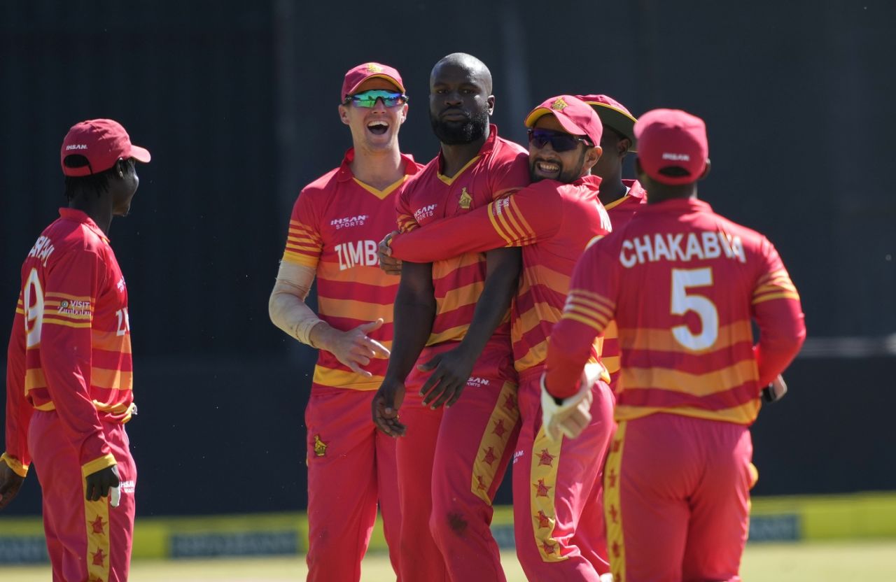 The Zimbabwe players celebrate after Tanaka Chivanga got rid of Tamim Iqbal for 50, Zimbabwe vs Bangladesh, 2nd ODI, Harare, August 7, 2022