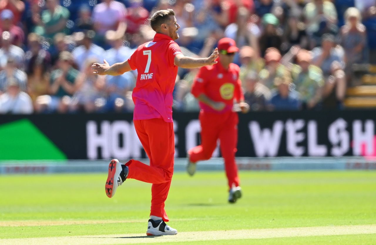David Payne is cruising after dismissing Rillee Rossouw, Welsh Fire vs Oval Invincibles, The Men's Hundred, Cardiff, August 7, 2022