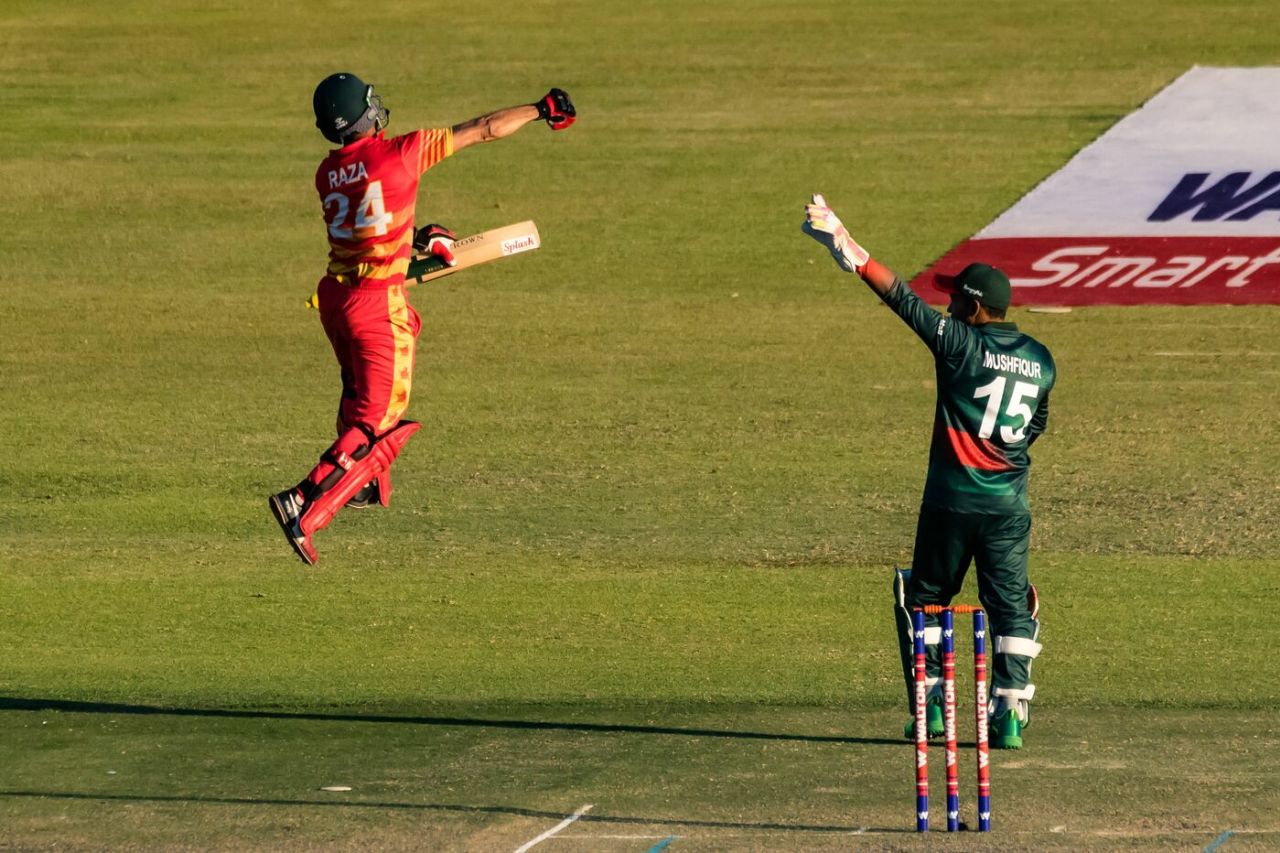 Sikandar Raza leaps on completing a century, Zimbabwe vs Bangladesh, 2nd ODI, Harare, August 7, 2022
