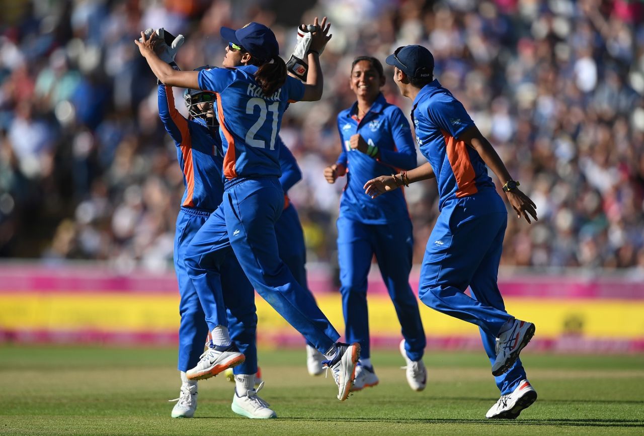 Radha Yadav celebrates with her team-mates, Australia vs India, Commonwealth Games 2022 final, Birmingham, August 7, 2022