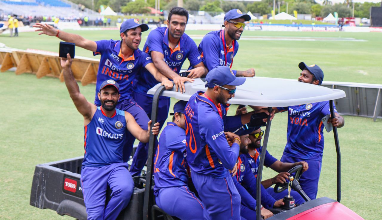 Rohit Sharma's at the wheel as the Indians celebrate, West Indies vs India, 5th T20I, Lauderhill, August 7, 2022