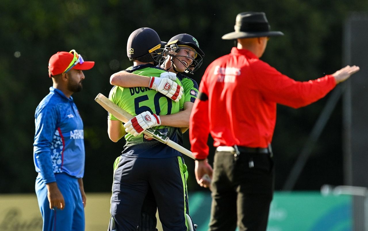 George Dockrell and Harry Tector celebrate after securing a last-gasp win, Ireland vs Afghanistan, 1st T20I, Belfast, August 9, 2022 