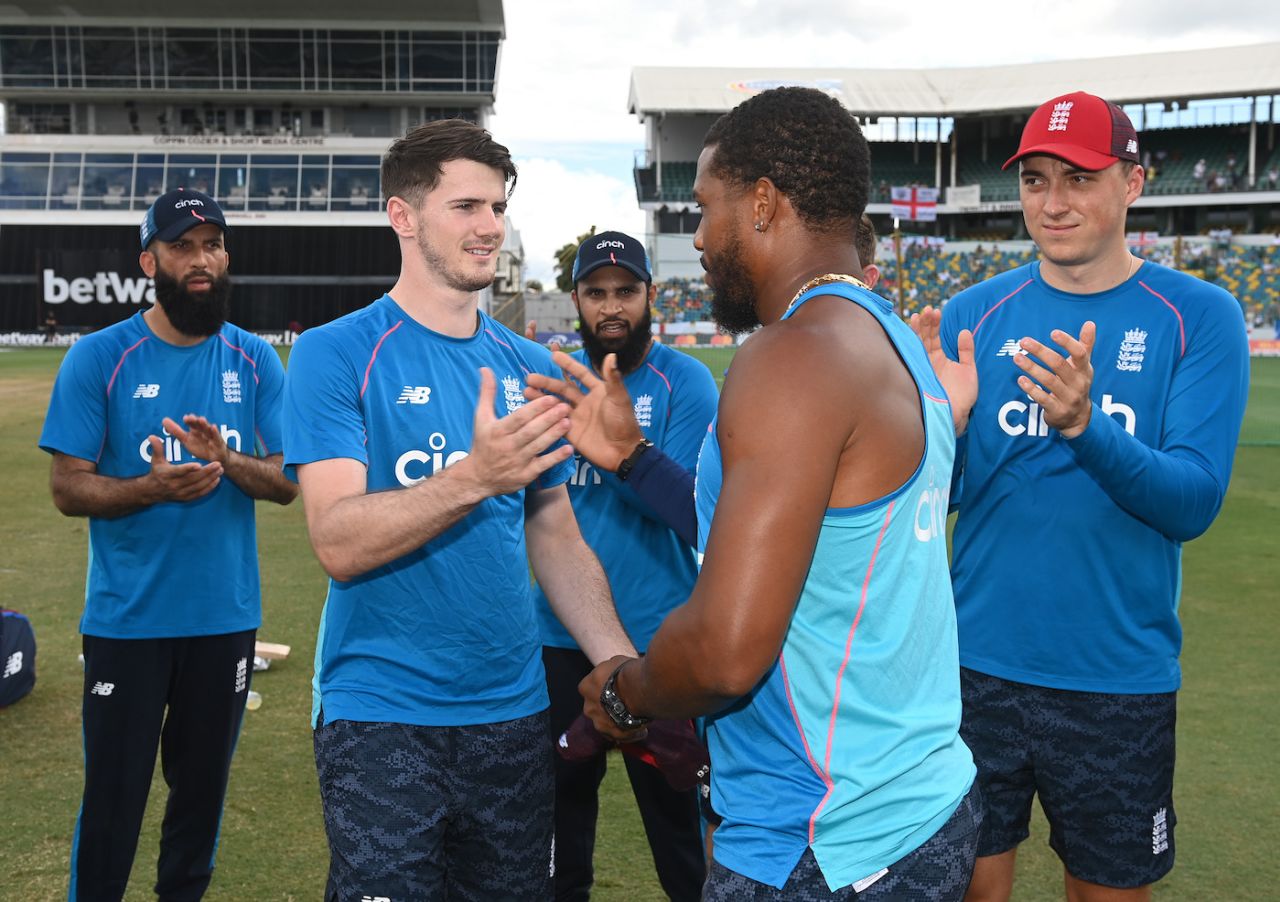 George Garton gets his debut England T20I cap from Chris Jordan, West Indies vs England, Kensington Oval, Barbados, 3rd T20I, January 26, 2022