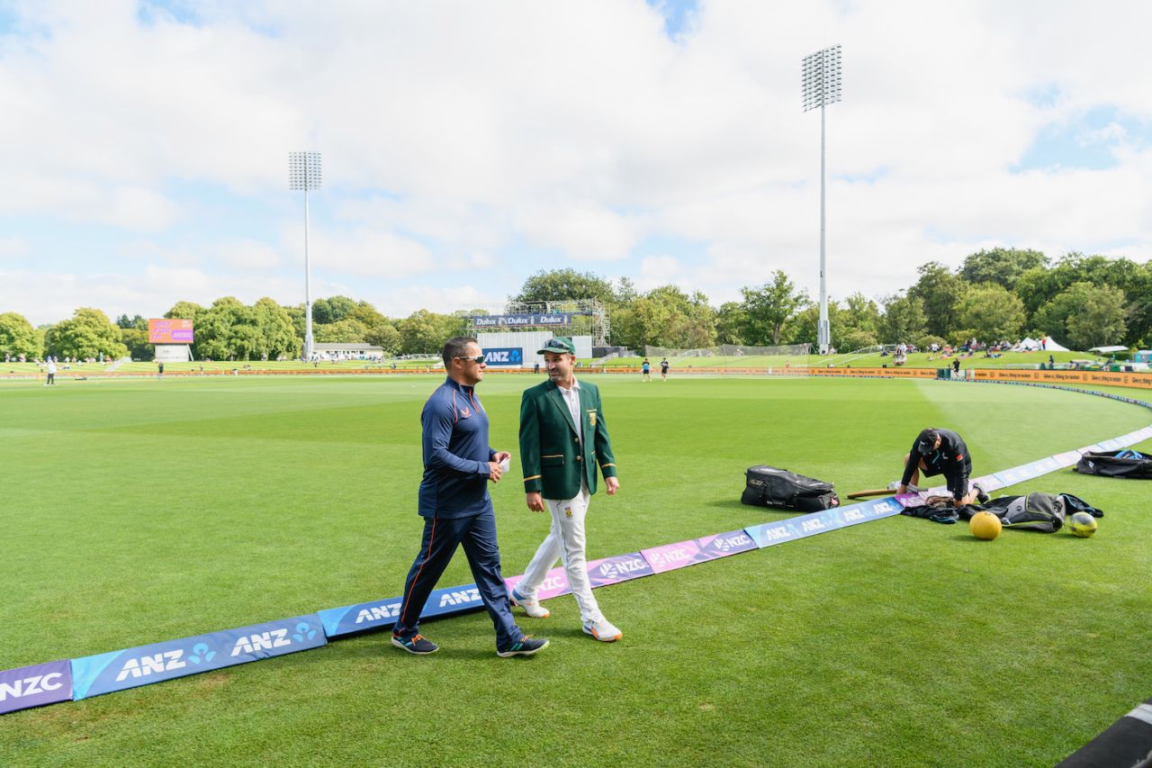 Dean Elgar and Mark Boucher walk back after the toss, first day, first Test, New Zealand vs South Africa, Hagley Oval, Christchurch, February 17, 2022