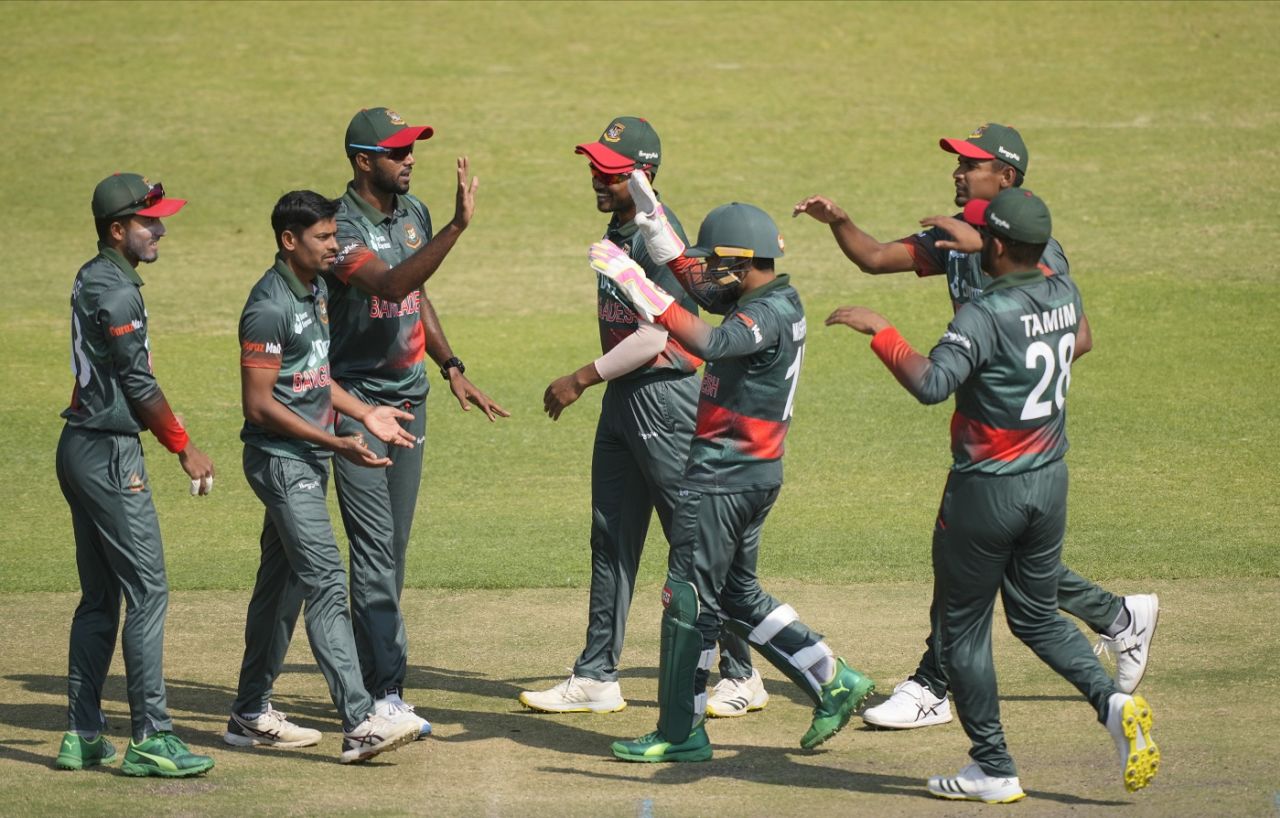 Bangladesh players celebrate a wicket, Zimbabwe vs Bangladesh, 3rd ODI, Harare, August 10, 2022