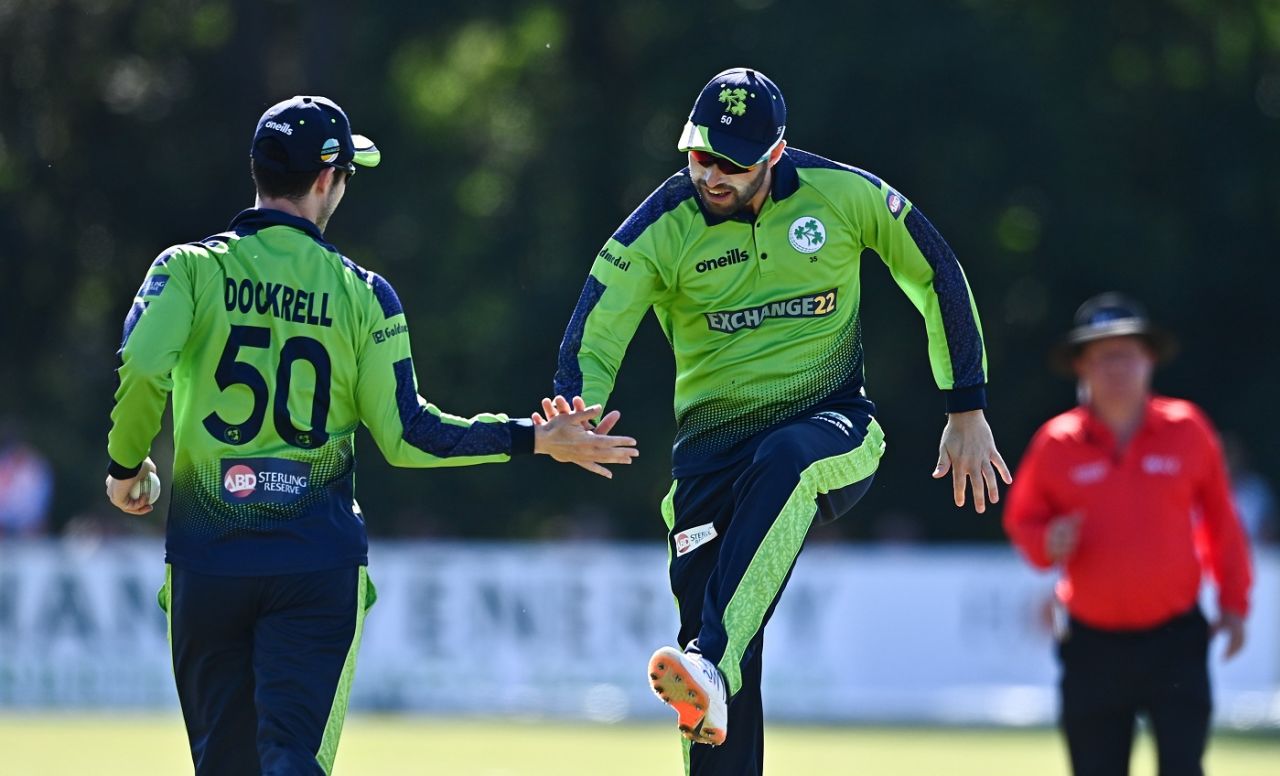 George Dockrell and Andy Balbirnie celebrate, Ireland vs Afghanistan, 2nd T20I, Belfast, August 11, 2022