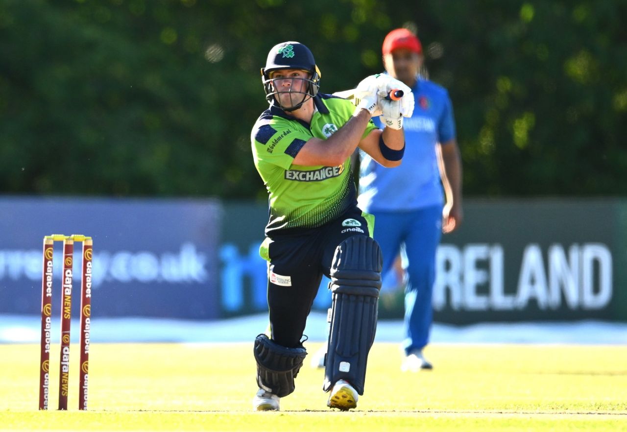 Fionn Hand hits one over cover, Ireland vs Afghanistan, 3rd T20I, Belfast, August 12, 2022
