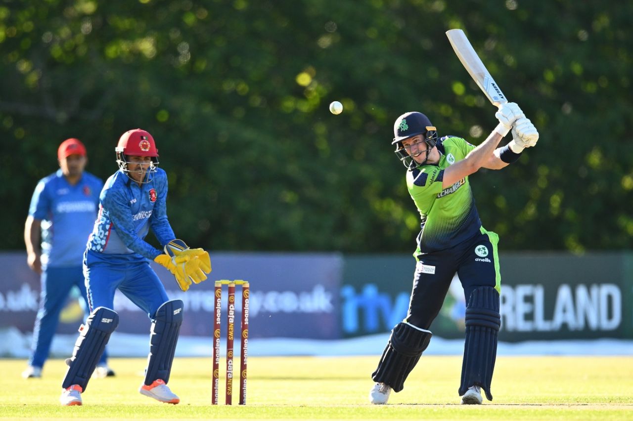 George Dockrell hits one through the off side during his maiden T20I fifty, Ireland vs Afghanistan, 3rd T20I, Belfast, August 12, 2022