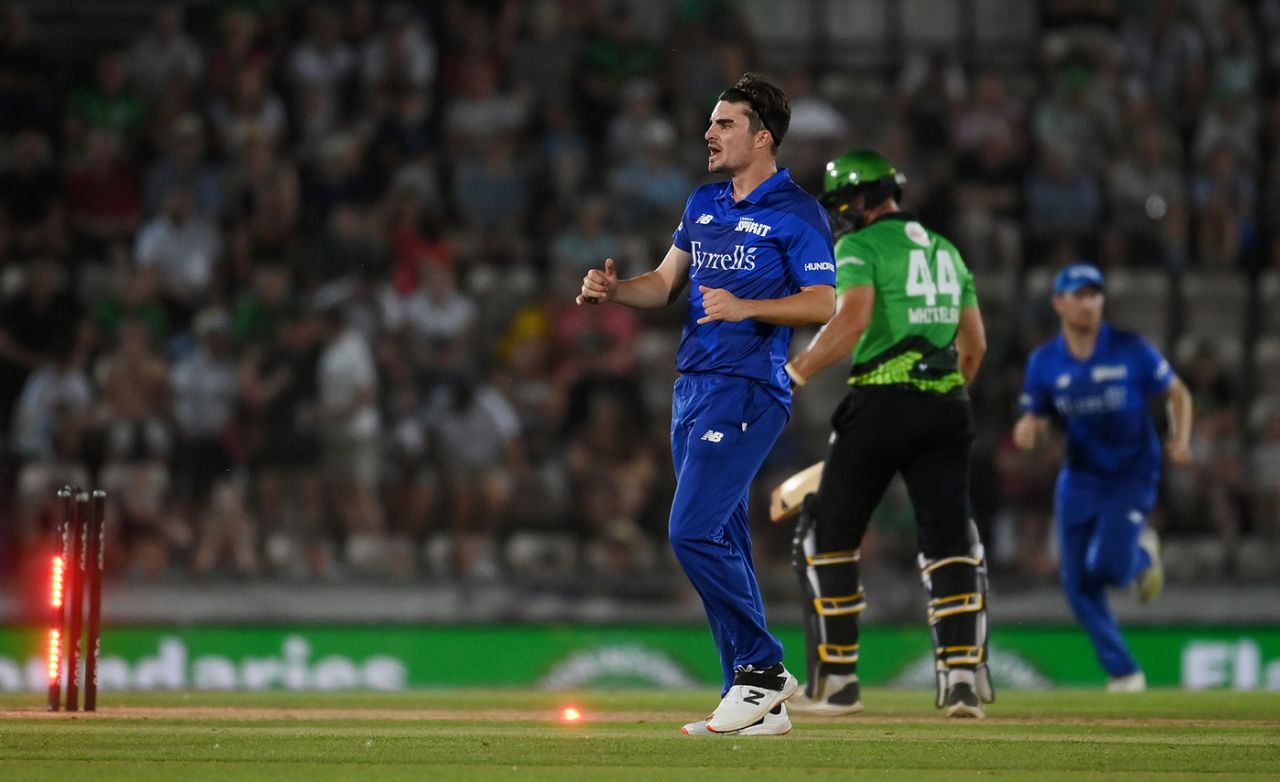Jordan Thompson celebrates taking the wicket of Ross Whiteley, Southern Brave vs London Spirit, The Men's Hundred, The Ageas Bowl, August 12, 2022