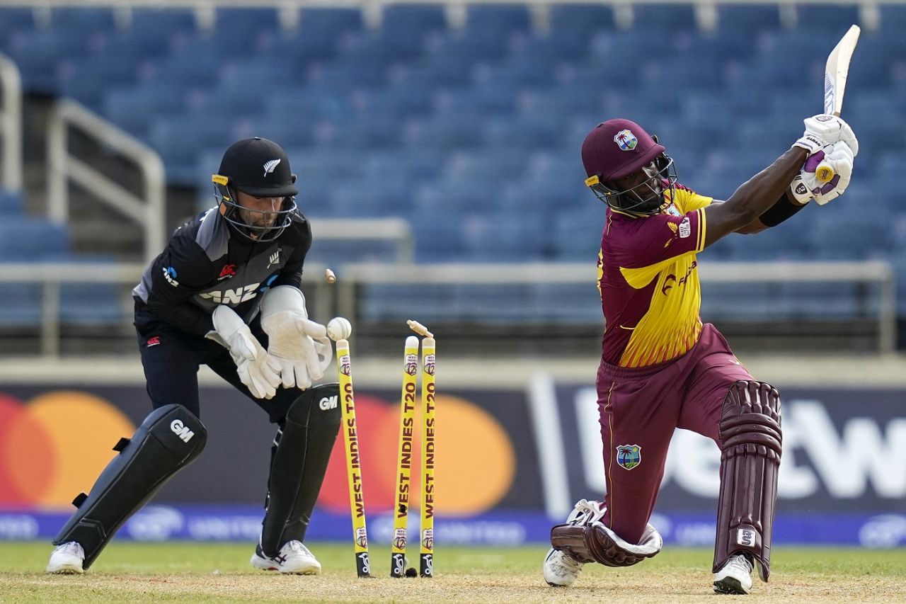 Shamarh Brooks was cleaned by Mitchell Santner for 7, West Indies vs New Zealand, 2nd T20I, Kingston, August 12, 2022