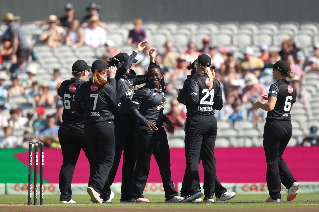Manchester Originals celebrate after Deandra Dottin bounced out Marie Kelly, Manchester Originals vs Trent Rockets, Women's Hundred 2022, Manchester, August 13, 2022