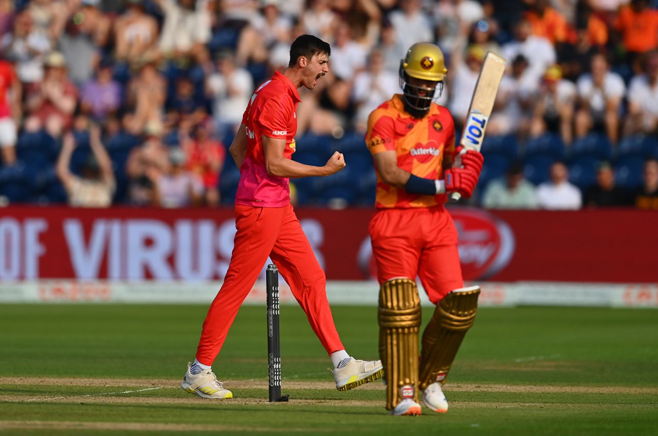 George Scrimshaw celebrates his dismissal of Moeen Ali, Welsh Fire vs Birmingham Phoenix, Men's Hundred, Cardiff, August 13, 2022