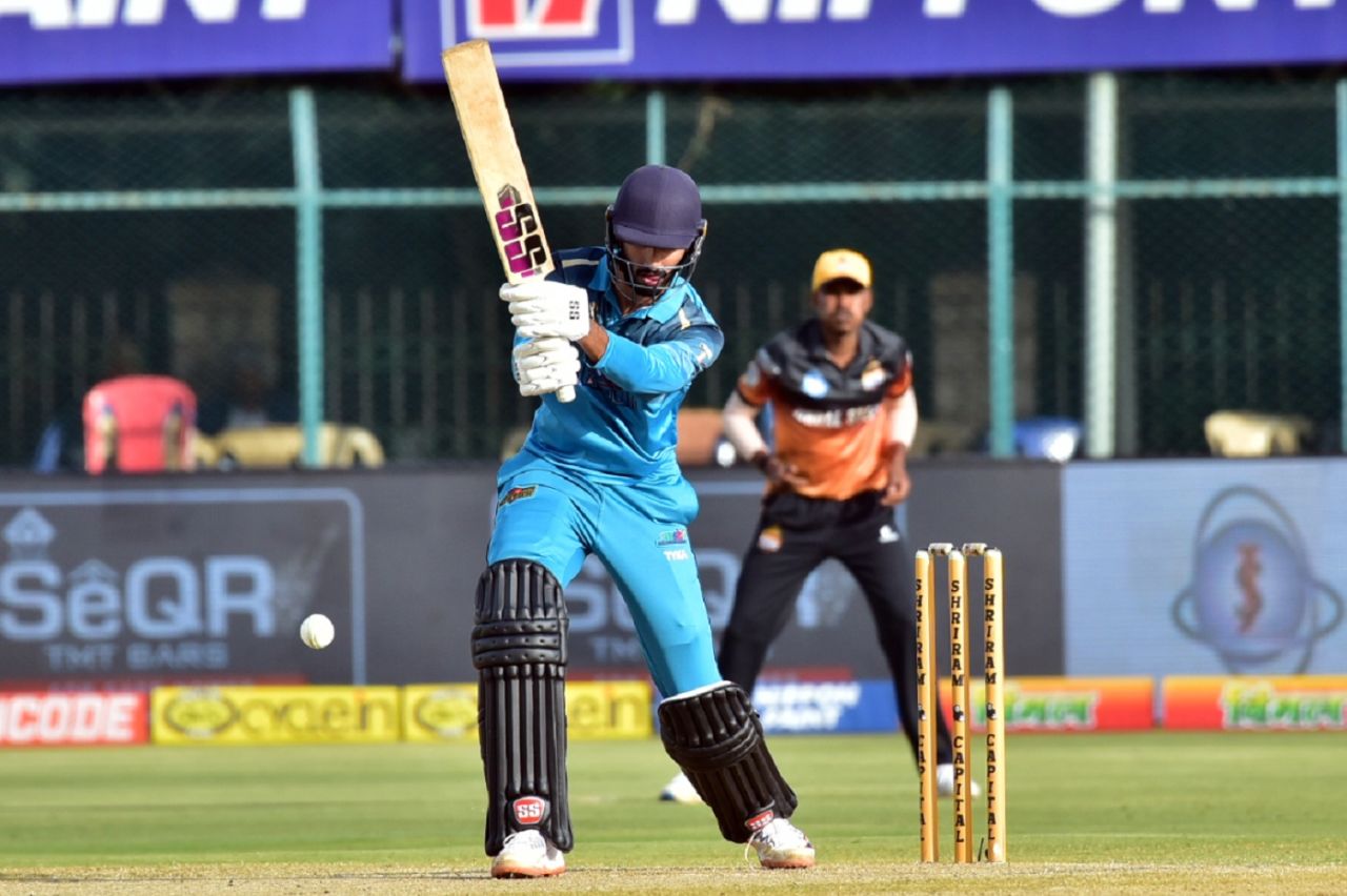 Devdutt Padikkal punches one down the ground, Maharaja T20 Trophy 2022, Hubli Tigers v Gulbarga Mystics, Mysore, August 12, 2022