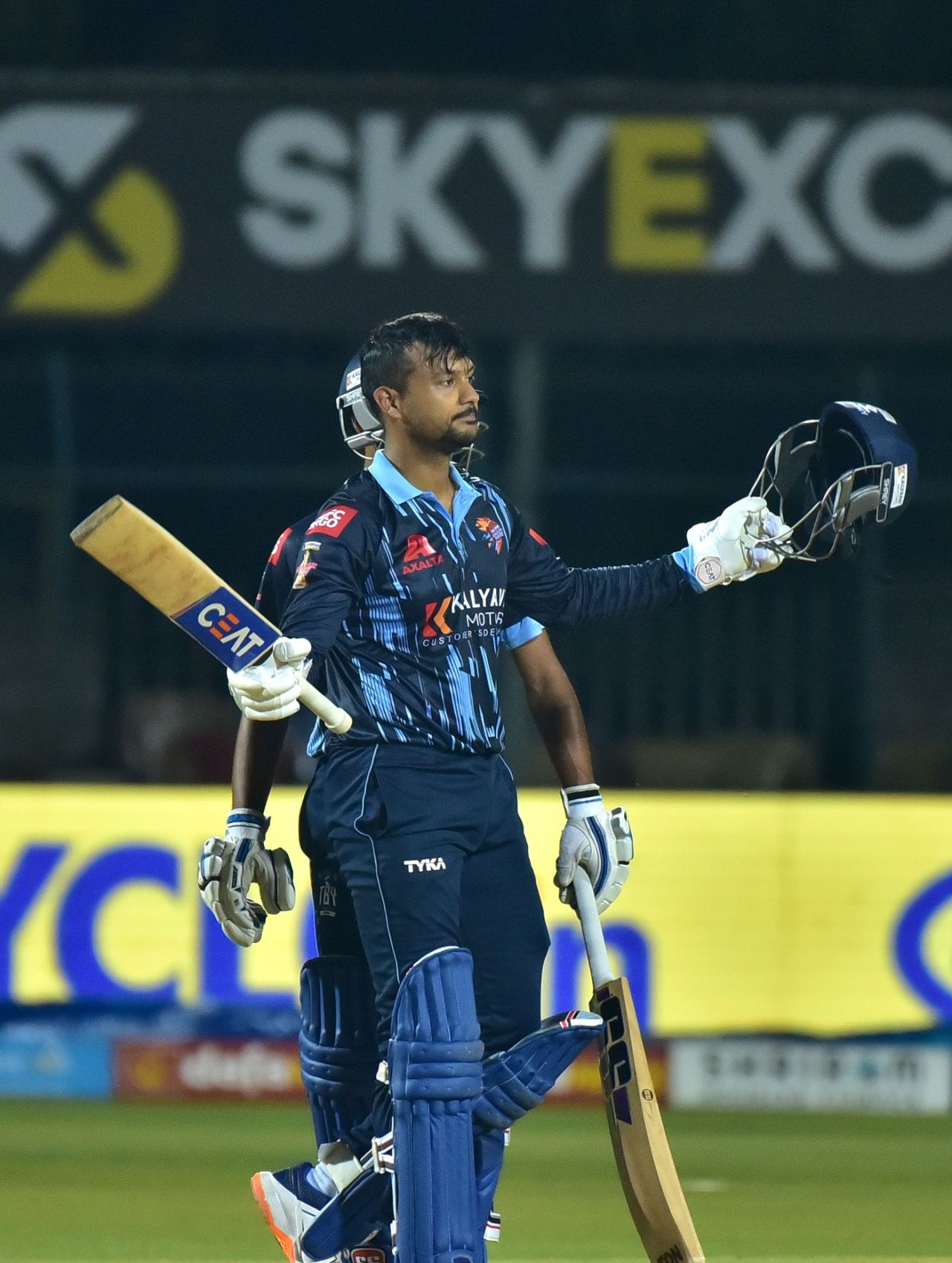Mayank Agarwal is a picture of satisfaction after bringing up his ton, Maharaja T20 Trophy 2022, Bengaluru Blasters v Shivamogga Strikers, Mysore, August 12, 2022