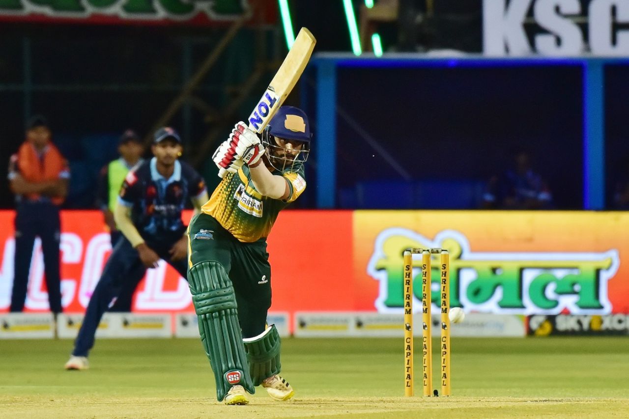 Rohan Kadam drills one through cover, Maharaja T20 Trophy 2022, Bengaluru Blasters v Shivamogga Strikers, Mysore, August 12, 2022 