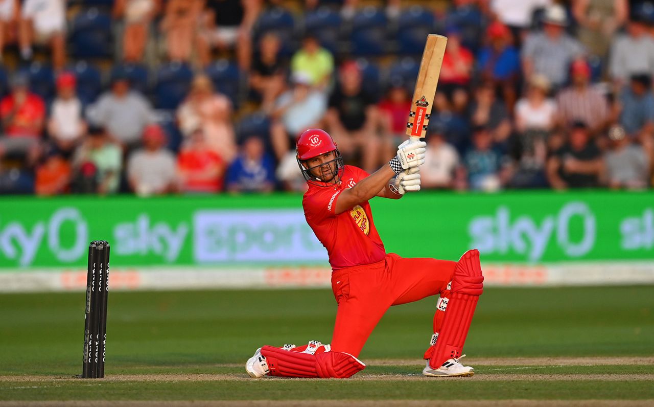 Sam Hain climbs into a shot, Welsh Fire vs Birmingham Phoenix, Men's Hundred, Cardiff, August 13, 2022