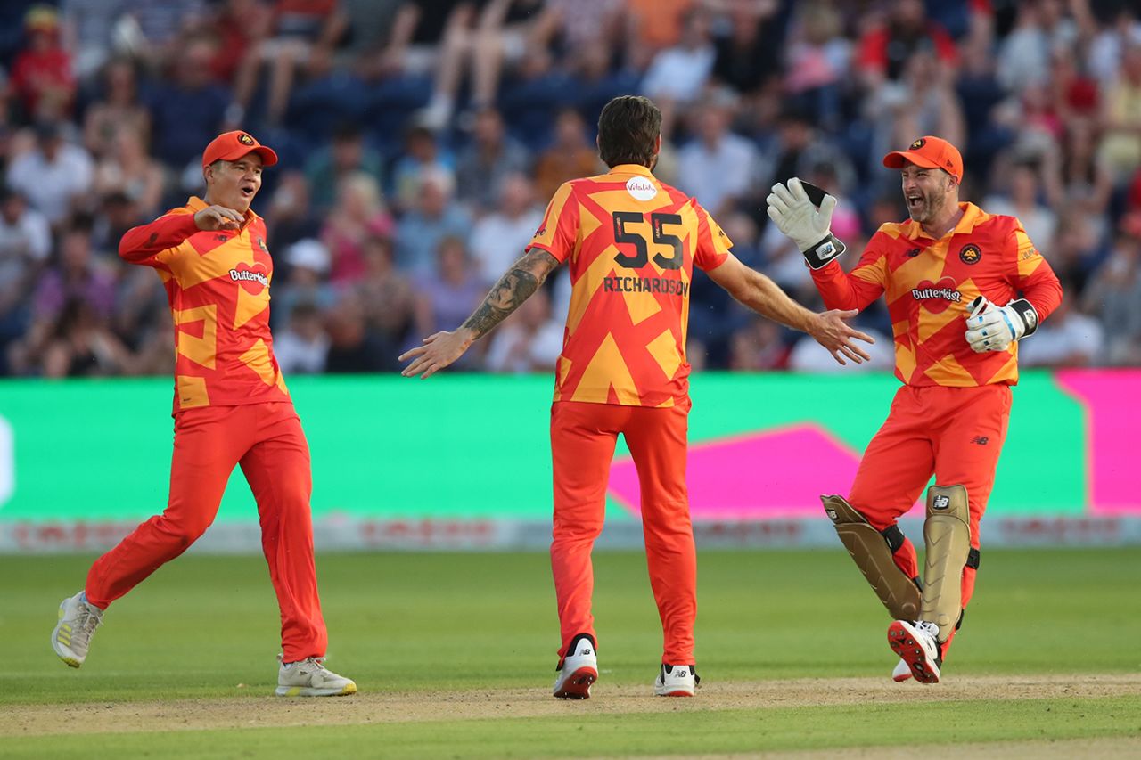 Kane Richardson is congratulated by Will Smeed and Matt Wade, Welsh Fire vs Birmingham Phoenix, Men's Hundred, Cardiff, August 13, 2022
