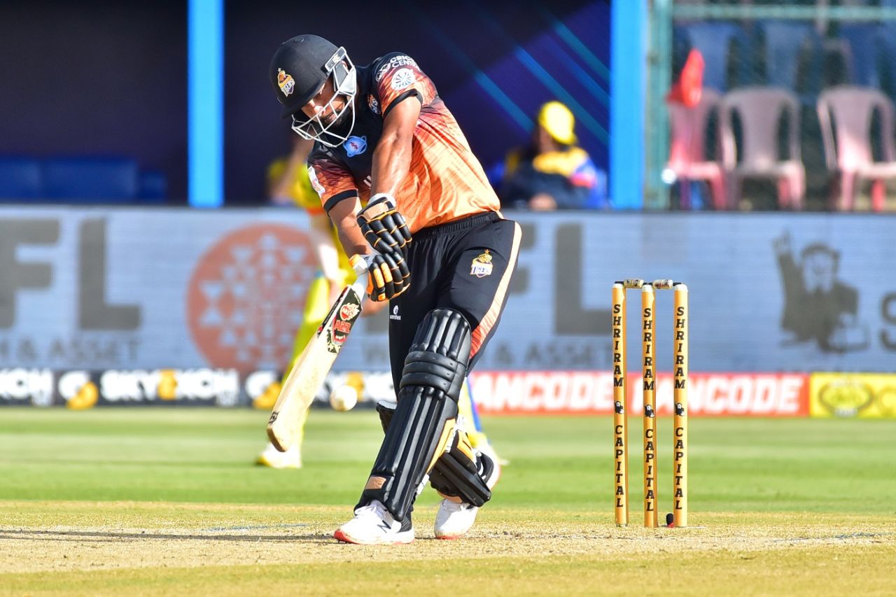 Tushar Singh has a swing at one in his arc, Maharaja T20 Trophy 2022, Mysuru Warriors v Hubli Tigers, Mysore, August 10, 2022