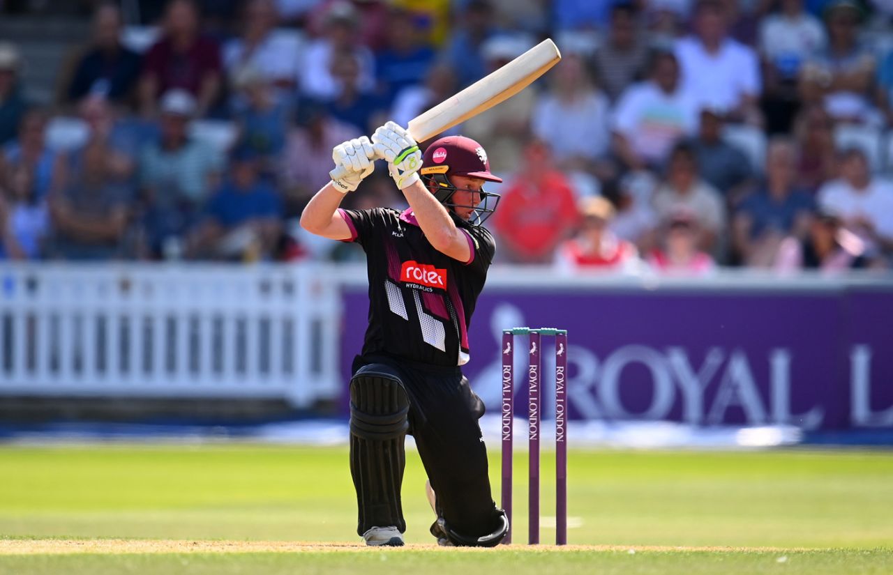 James Rew drives during his hundred, Somerset v Middlesex, Royal London Cup, Taunton, August 14, 2022