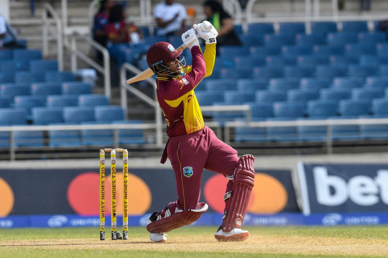 Brandon King slams one away during his 35-ball 53, West Indies v New Zealand, 3rd T20I, Kingston, August 14, 2022