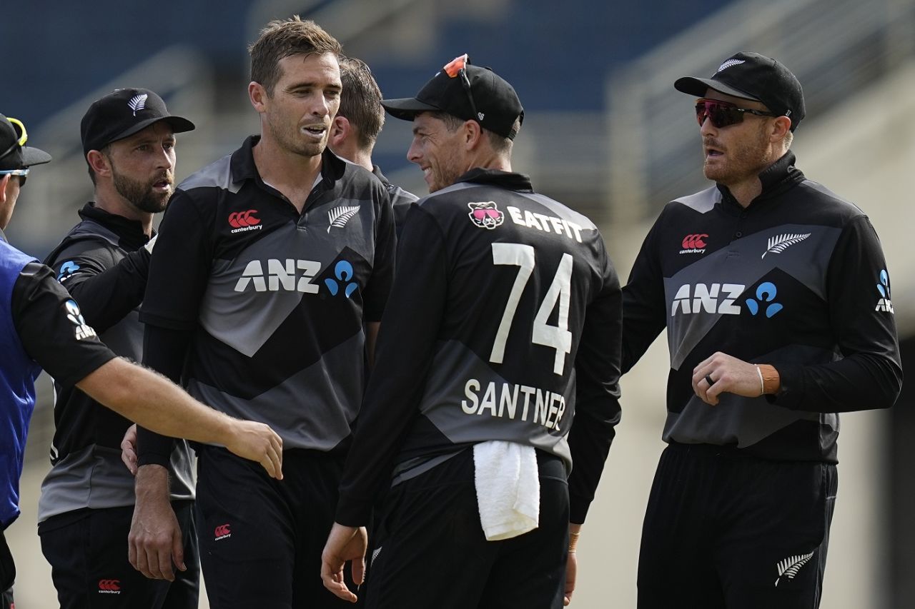 Tim Southee is all smiles after getting rid of Brandon King, West Indies v New Zealand, 3rd T20I, Kingston, August 14, 2022