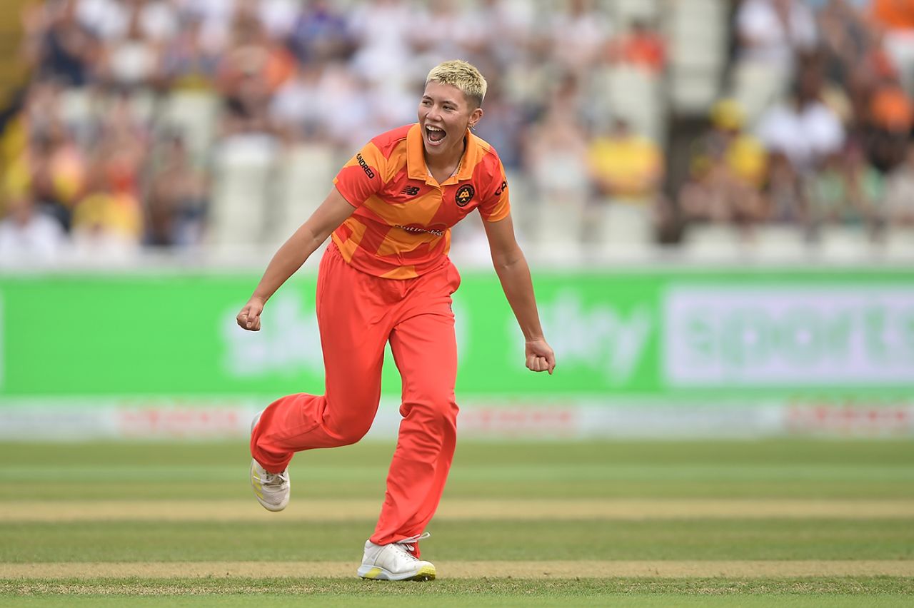 Issy Wong celebrates a breakthrough, Birmingham Phoenix vs Trent Rockets, Women's Hundred, Edgbaston, August 15, 2022