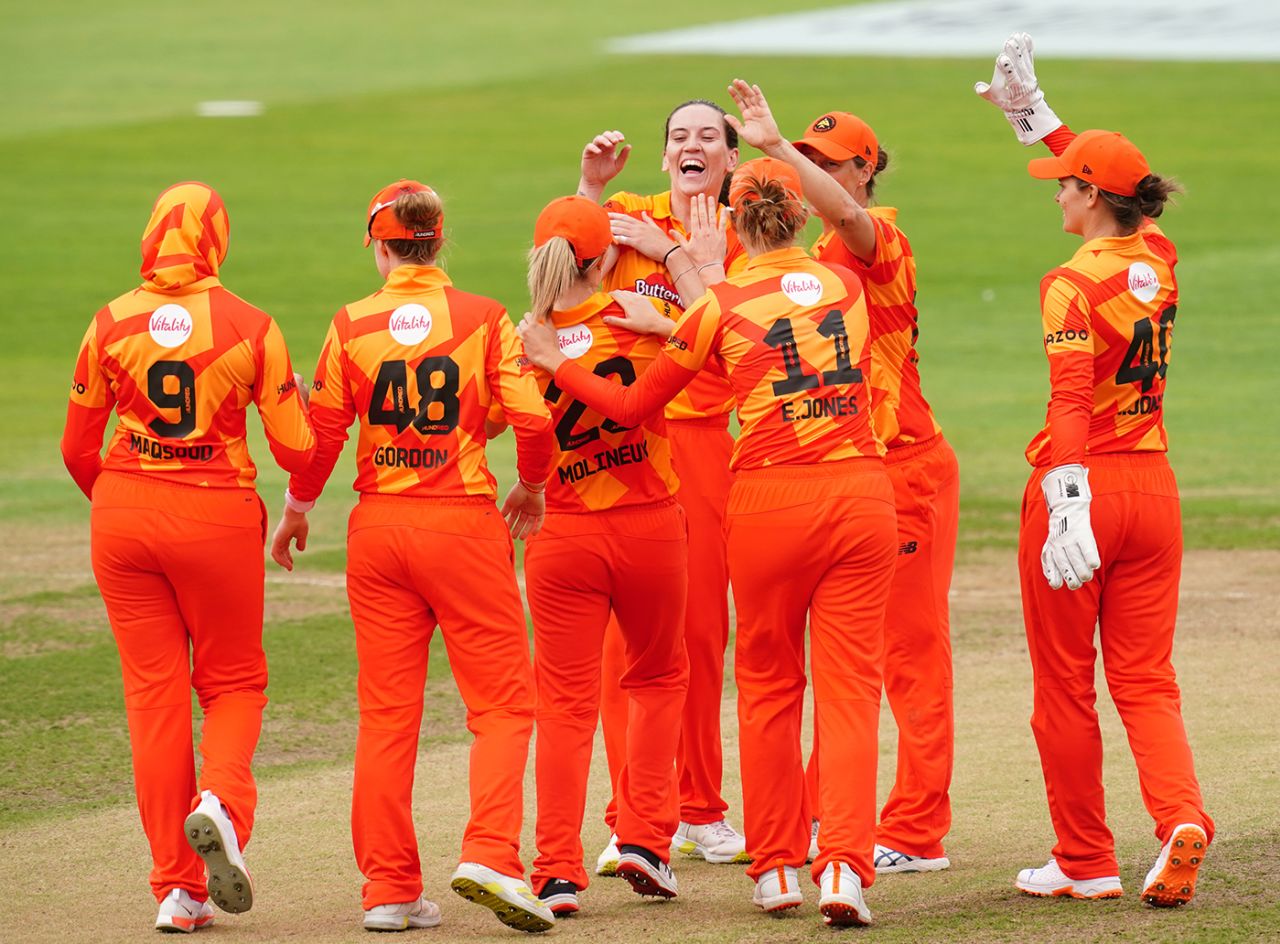 Emily Arlott is congratulated by her team-mates, Birmingham Phoenix vs Trent Rockets, Women's Hundred, Edgbaston, August 15, 2022