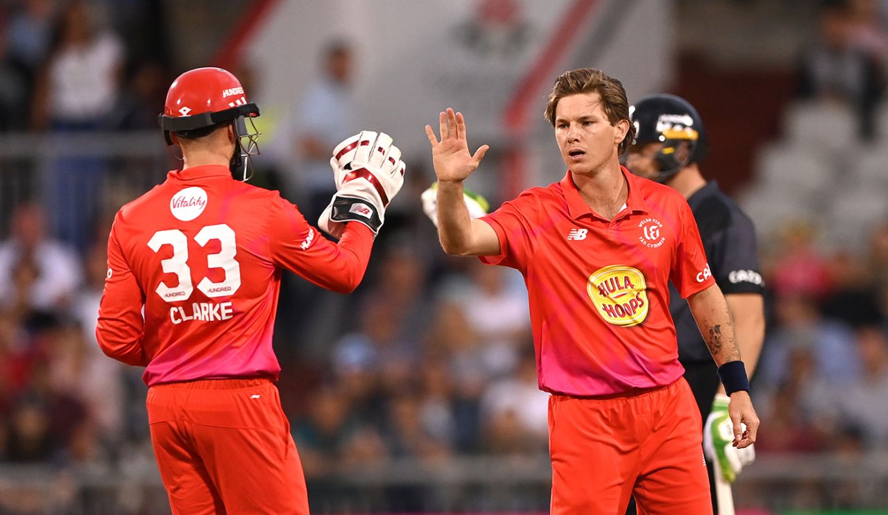 Adam Zampa and Joe Clarke celebrate a wicket, Manchester Originals vs Welsh Fire, The Men's Hundred, Emirates Old Trafford, August 16, 2022
