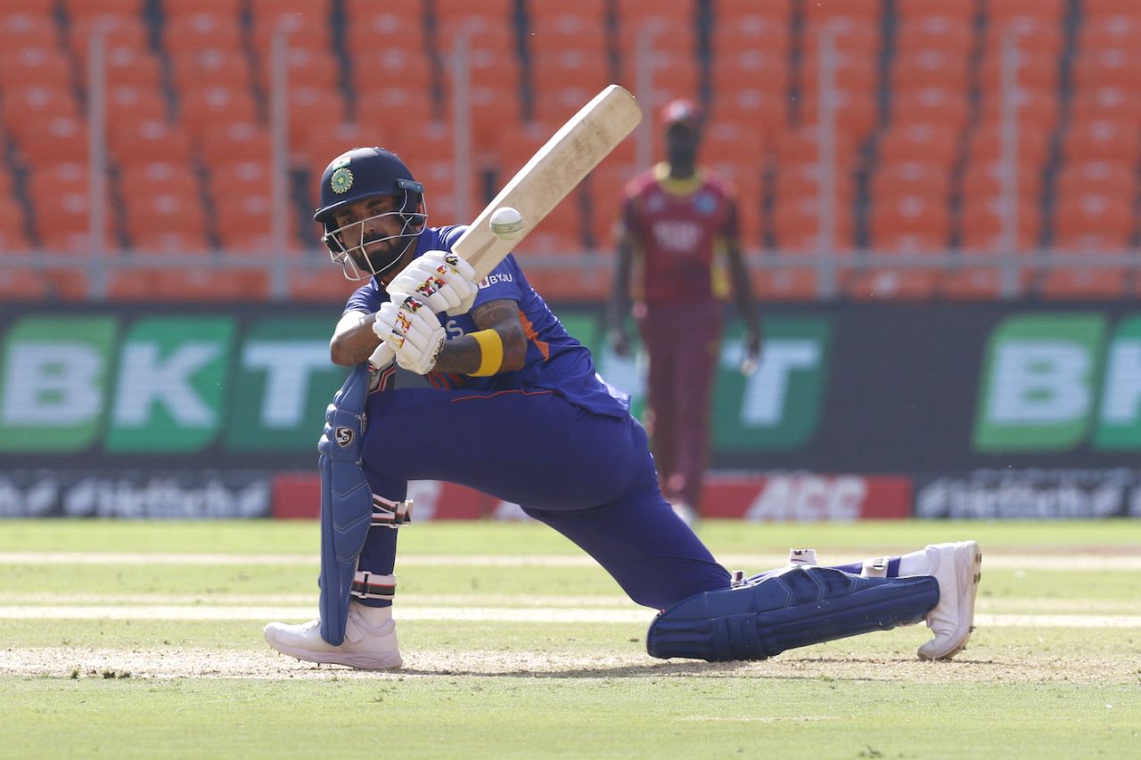 KL Rahul plays a sweep during the second ODI against West Indies, Ahmedabad, February 9, 2022