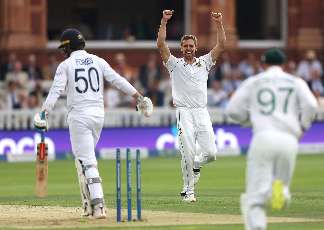 Anrich Nortje celebrates taking the wicket of Ben Foakes, England vs South Africa, 1st LV= Insurance Test, Lord's, August 17, 2022