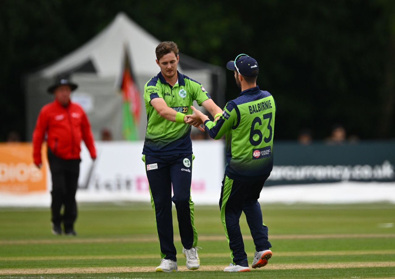 Mark Adair celebrates with Andy Balbirnie after rocking Afghanistan inside the powerplay, Ireland vs Afghanistan, 5th T20I, Belfast, August 17, 2022