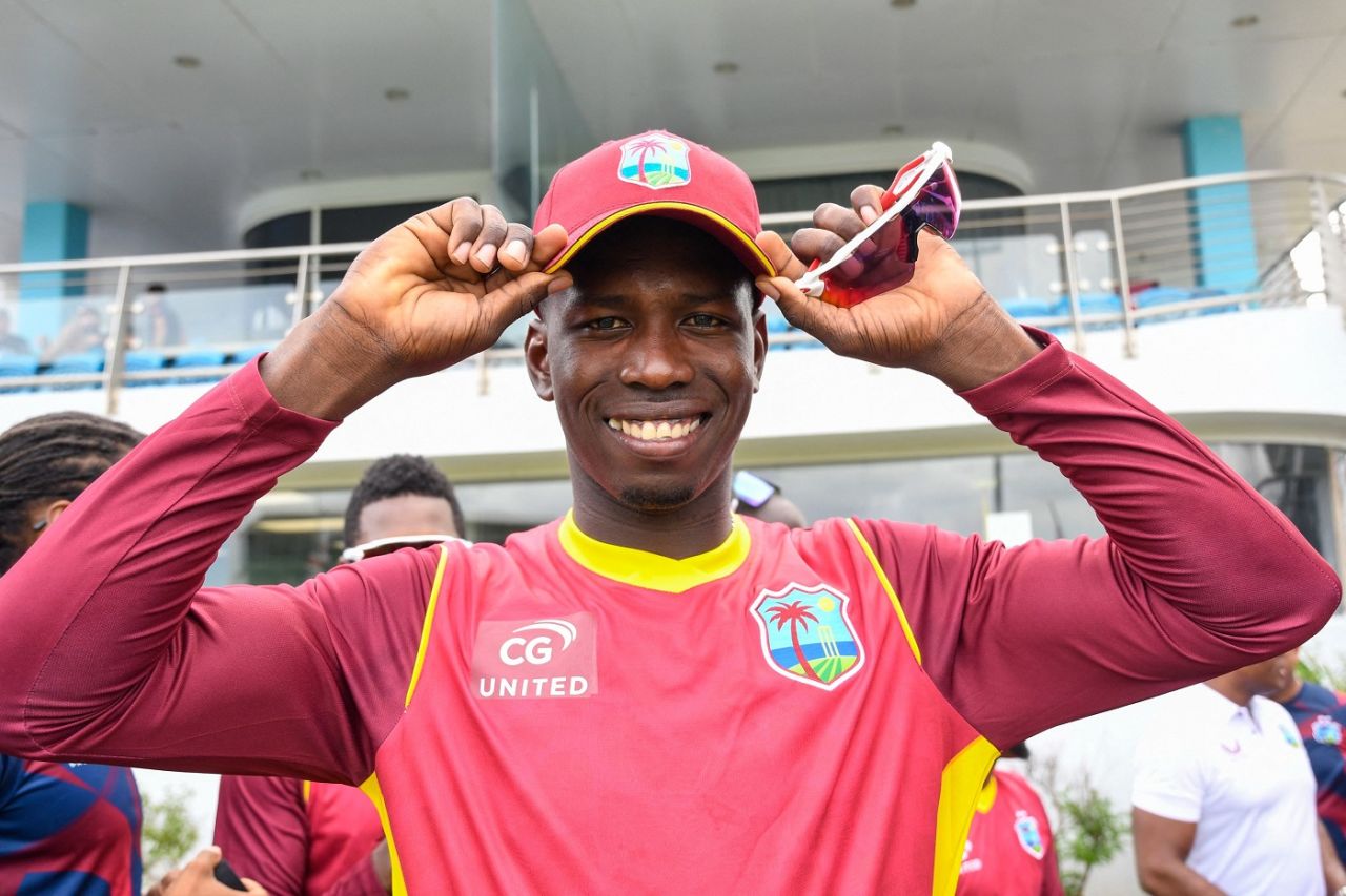 Kevin Sinclair shows off his cap on ODI debut, West Indies vs New Zealand, 1st ODI, Bridgetown, August 17, 2022