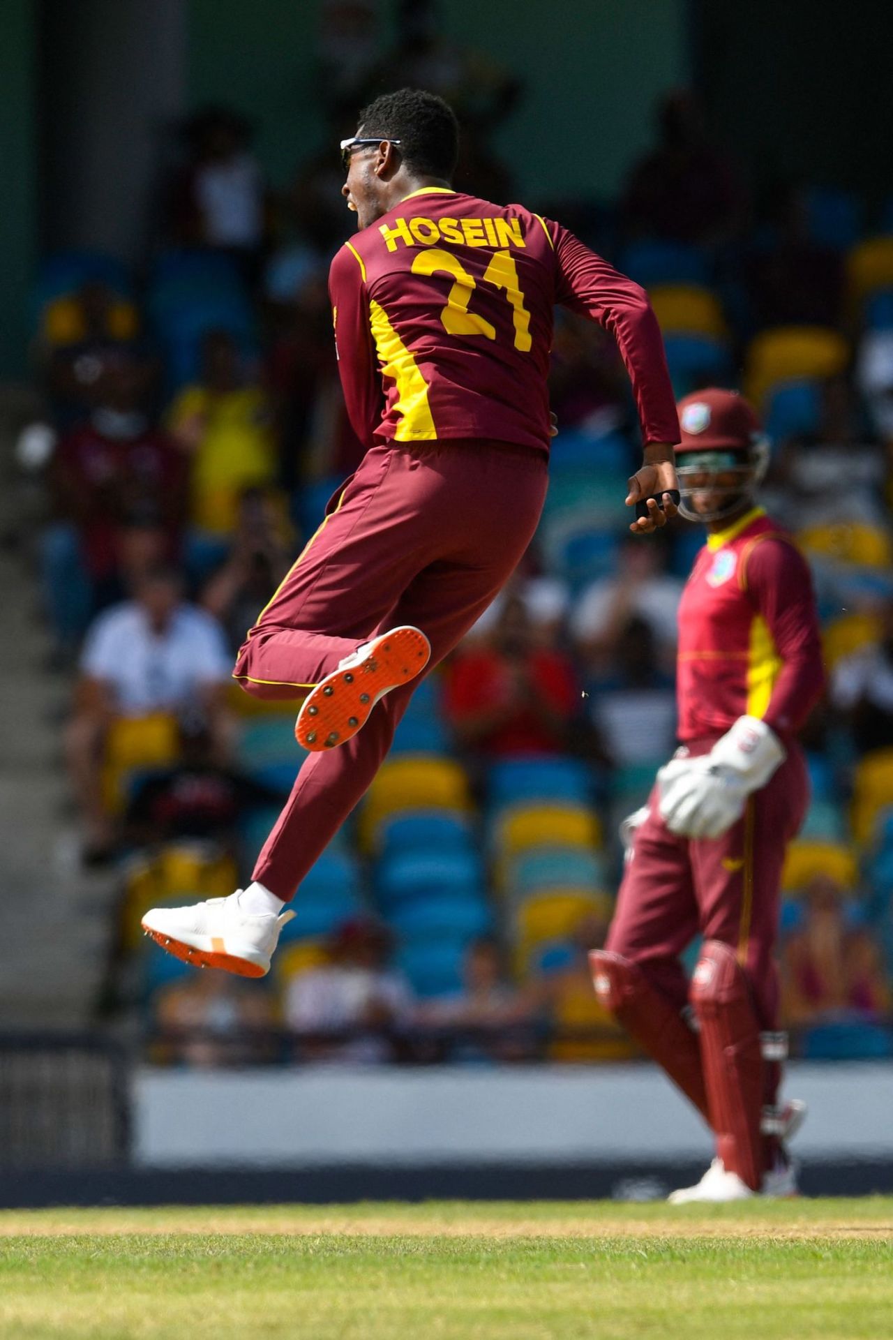 Akeal Hosein expresses his jubilation upon dismissing Martin Guptill, West Indies vs New Zealand, 1st ODI, Bridgetown, August 17, 2022