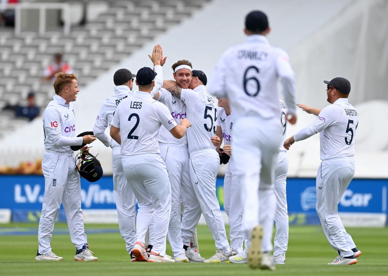 Stuart Broad is mobbed by his team-mates after pulling off a stunning catch, England vs South Africa, 1st Test, Lord's, London, 3rd day, August 19, 2022