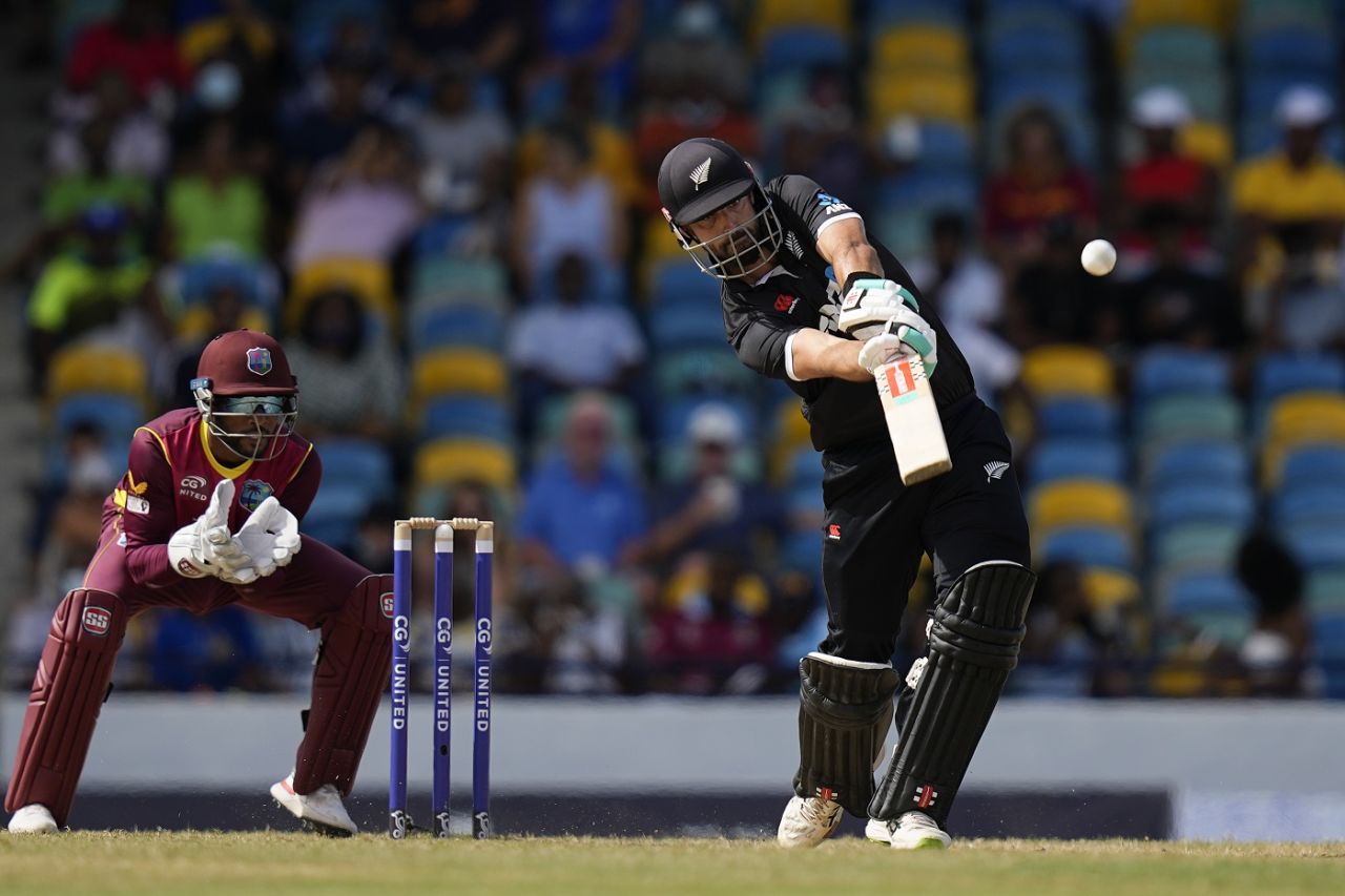 Daryl Mitchell lofts down the ground, West Indies vs New Zealand, 2nd ODI, Bridgetown, August 19, 2022