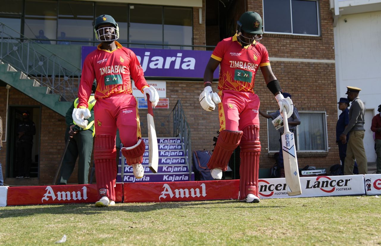 Zimbabwe openers, Takudzwanashe Kaitano and Innocent Kaia walk out to the middle, Zimbabwe vs India, 2nd ODI, Harare, August 20, 2022