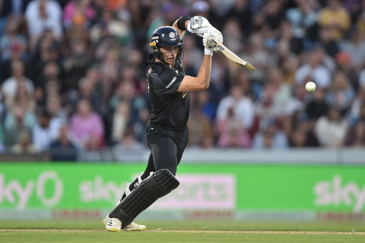 Tristan Stubbs drives through the covers during his quickfire innings, Northern Superchargers vs Manchester Originals, Men's Hundred, Headingley, August 21, 2022