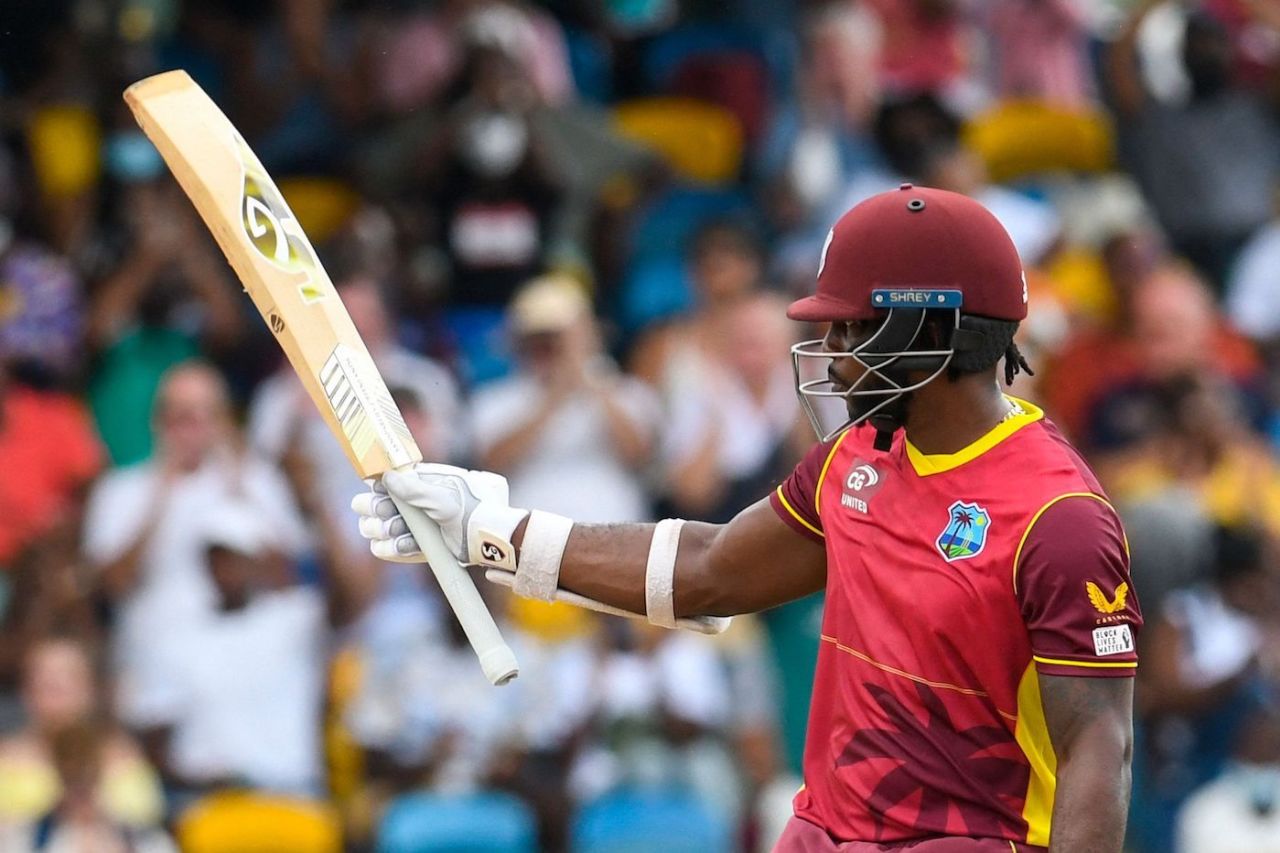 Kyle Mayers raises his bat upon reaching a half-century, West Indies vs New Zealand, 3rd ODI, Bridgetown, August 21, 2022