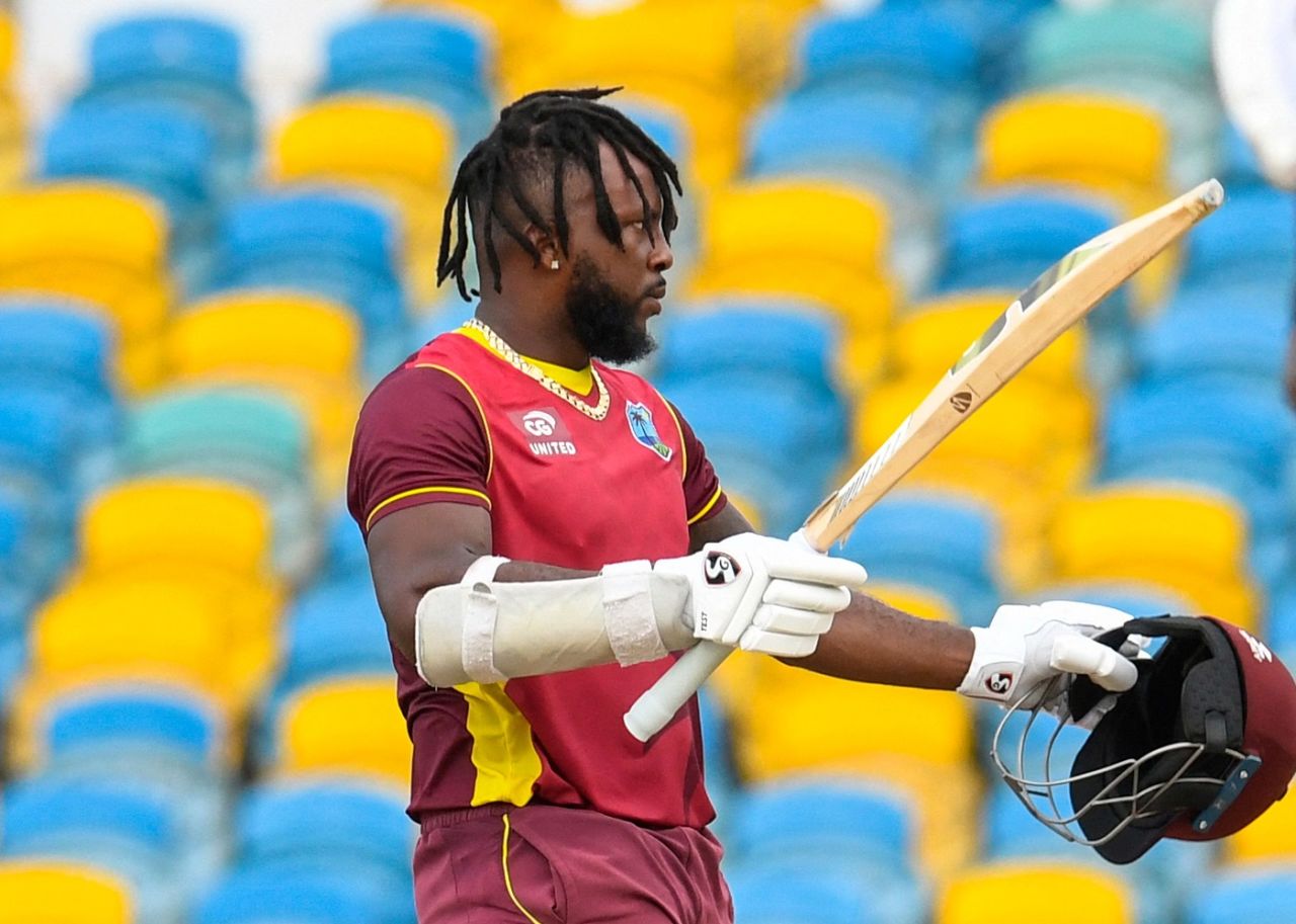 Kyle Mayers acknowledges his second ODI hundred, West Indies vs New Zealand, 3rd ODI, Bridgetown, August 21, 2022
