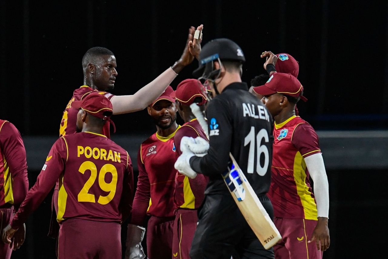 Jason Holder celebrates as Finn Allen walks back, West Indies vs New Zealand, 3rd ODI, Bridgetown, August 21, 2022