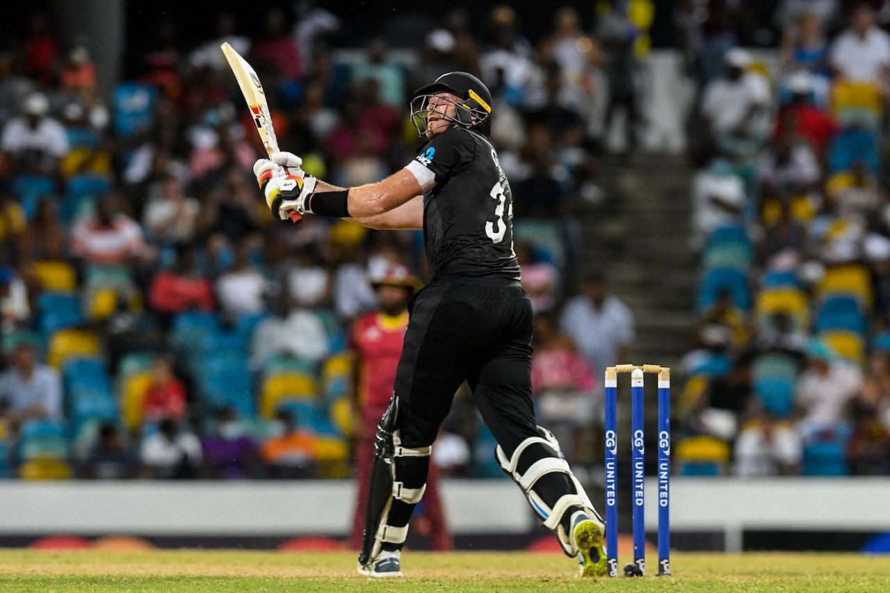 Martin Guptill goes aerial on the leg side, West Indies vs New Zealand, 3rd ODI, Bridgetown, August 21, 2022