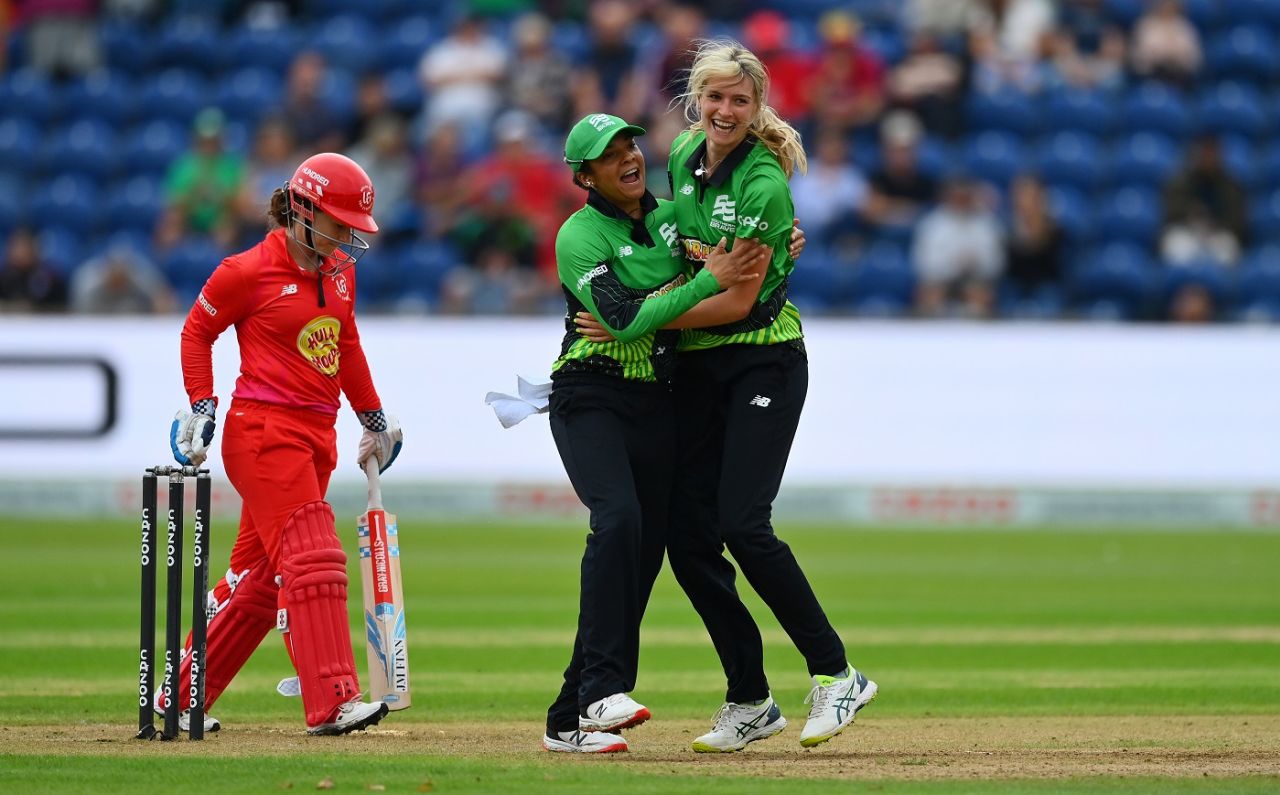Lauren Bell celebrates the wicket of Tammy Beaumont, Welsh Fire vs Southern Brave, Women's Hundred, Cardiff, August 22, 2022
