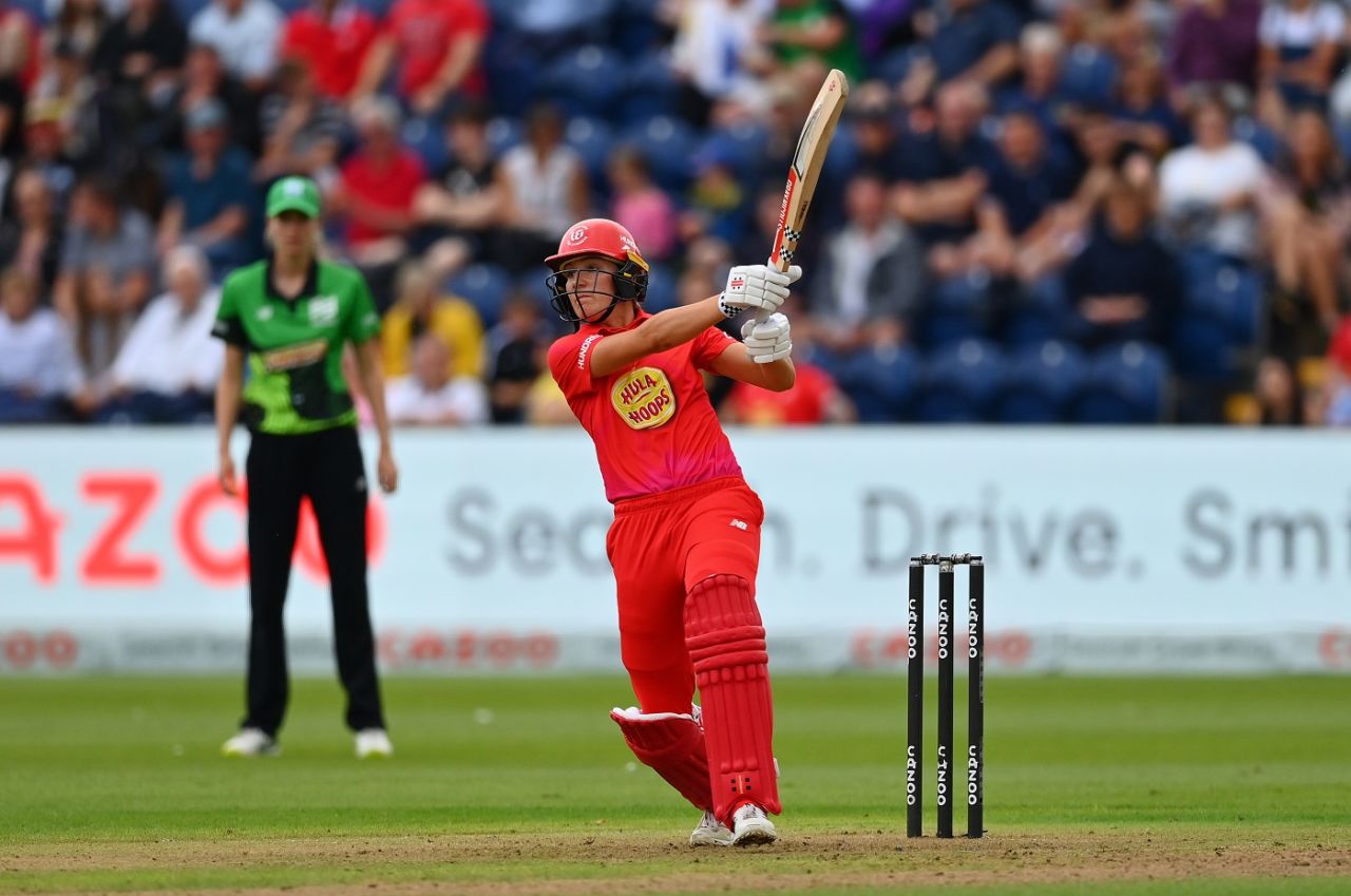 Annabel Sutherland flays one over covers during her 22, Welsh Fire vs Southern Brave, Women's Hundred, Cardiff, August 22, 2022