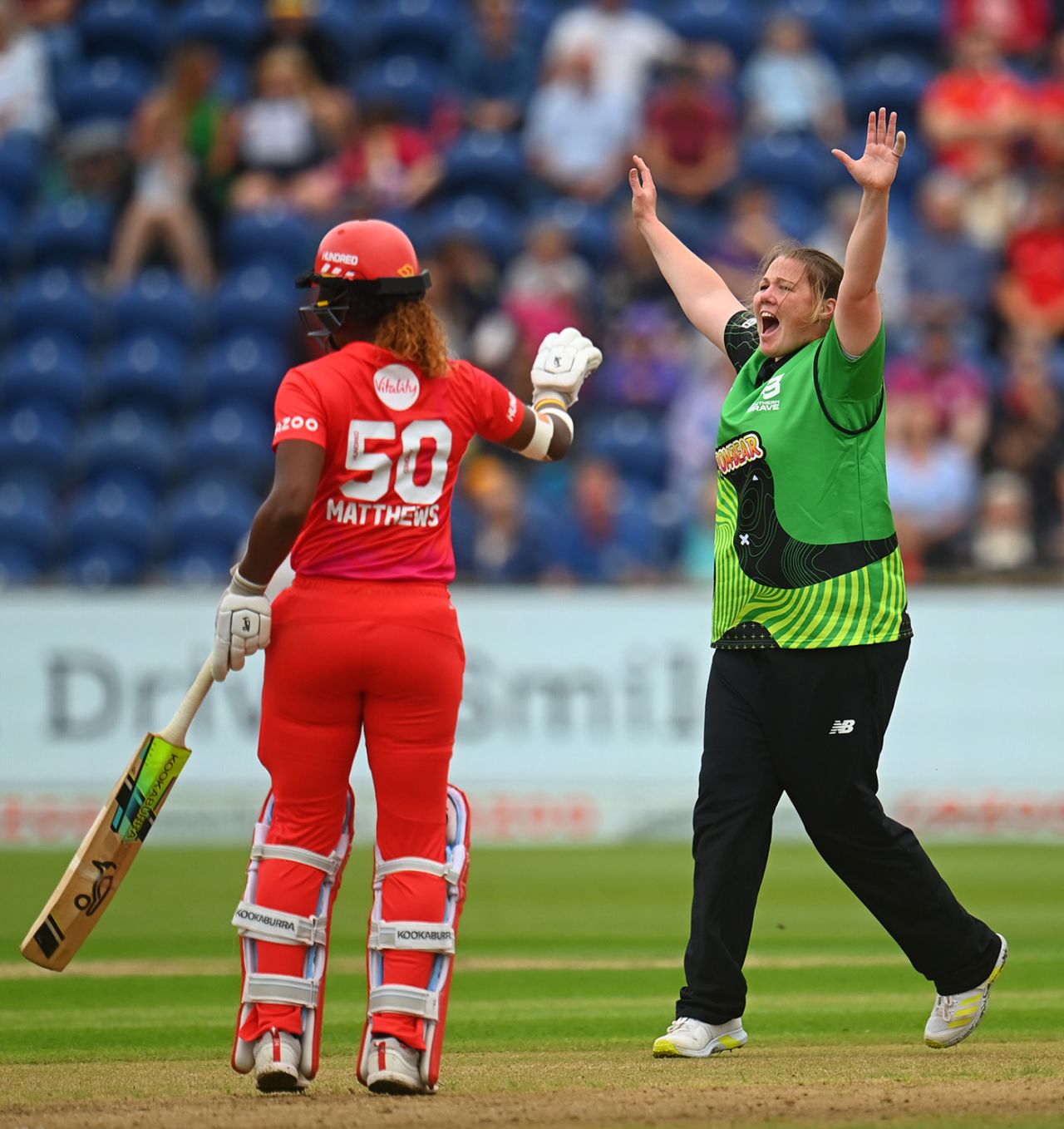 Anya Shrubsole appeals for a wicket, Welsh Fire vs Southern Brave, Women's Hundred, Cardiff, August 22, 2022