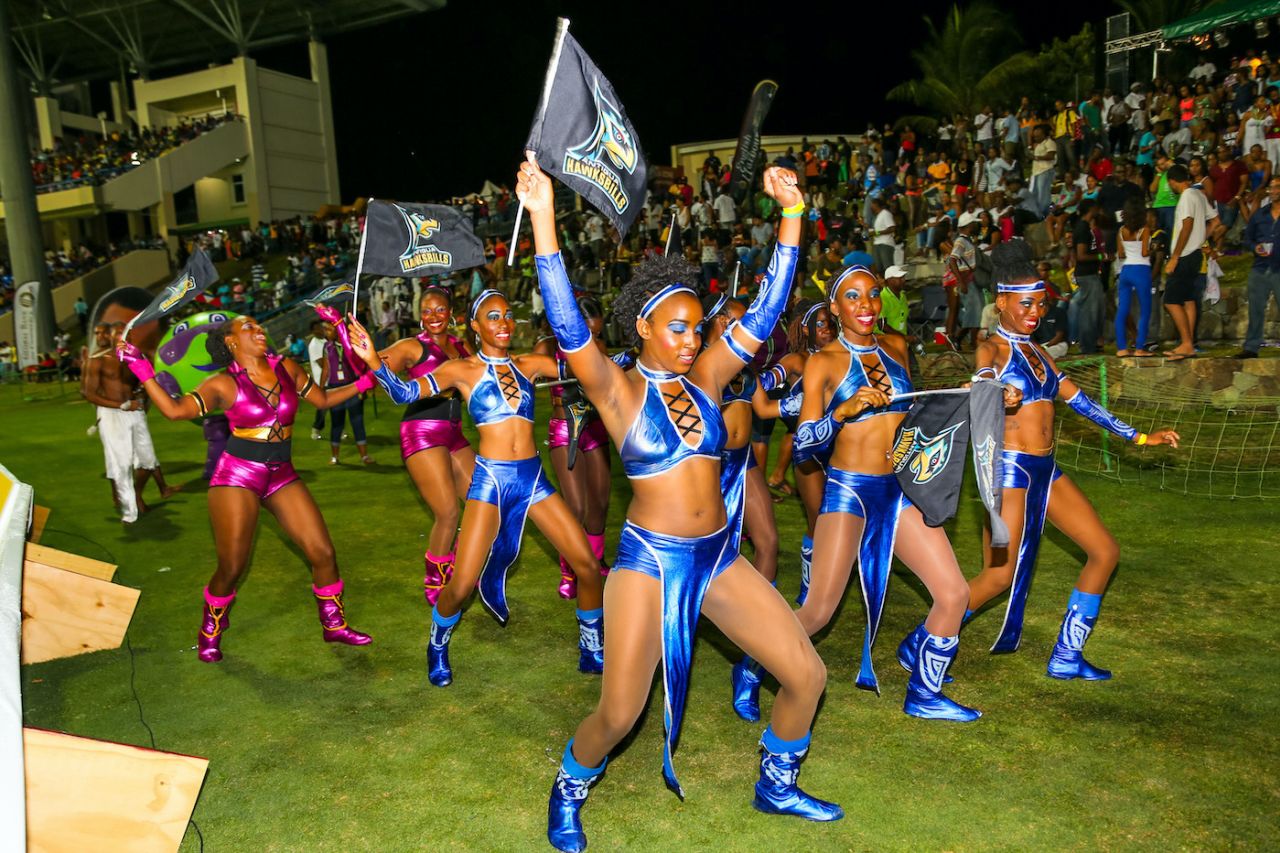Cheerleaders egg on the fans, Antigua Hawksbills vs St Lucia Zouks, Sir Vivian Richards Stadium, Antigua, August 15, 2013