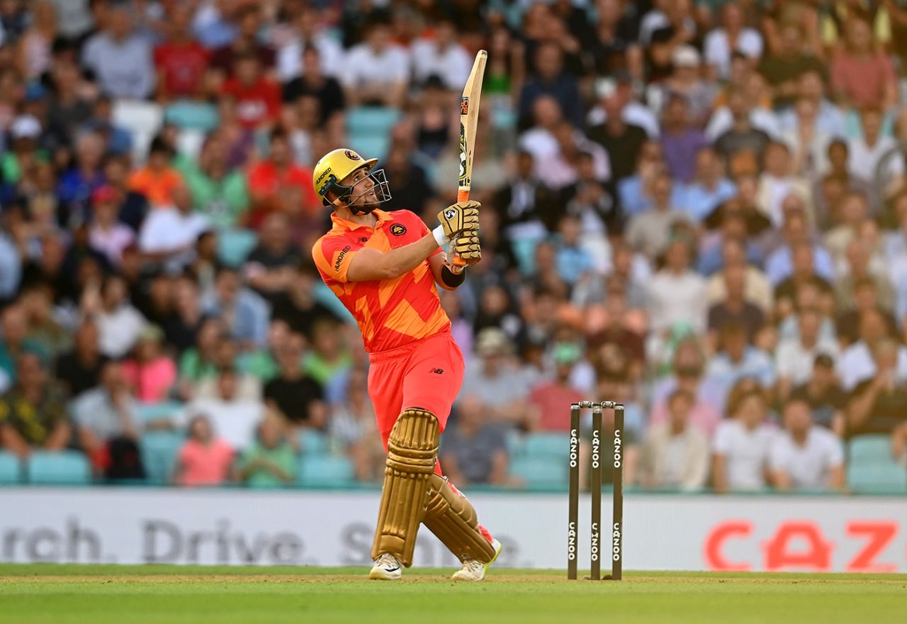 Liam Livingstone swings the ball leg side, Oval Invincibles vs Birmingham Phoenix, Men's Hundred, The Oval, August 23, 2022